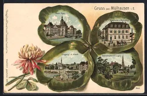 Passepartout-Lithographie Mülhausen, Gasthaus zum Bahnhof, Neue Post, Ansichten auf Kleeblatt