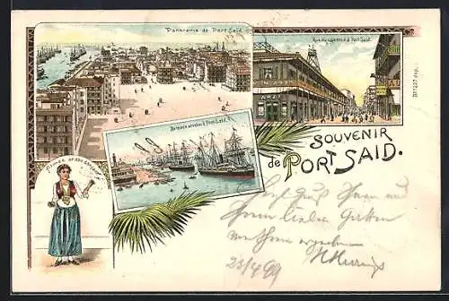 Lithographie Port Said, Panorama, Rue du commerce, Almee arabe dansant