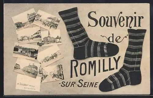 AK Romilly-sur-Seine, Souvenir avec chaussettes et miniatures de la ville