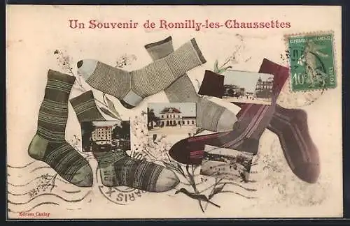 AK Romilly-les-Chaussettes, Un Souvenir avec motifs de chaussettes et vues locales