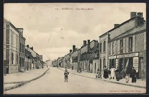 AK Romilly, Rue Henri Millet avec enfants et commerces