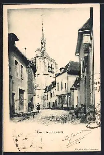 AK Ervy, Église St-Pierre et rue pavée animée