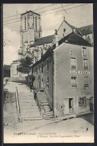 AK Essoyes, Café St-Rémy et escalier vers l`église