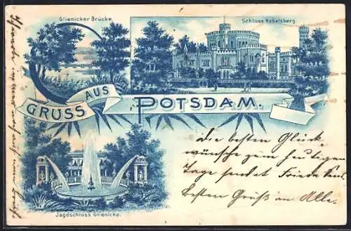 Lithographie Potsdam, Schloss Babelsberg, Glienicker Brücke, Jagdschloss Glienicke