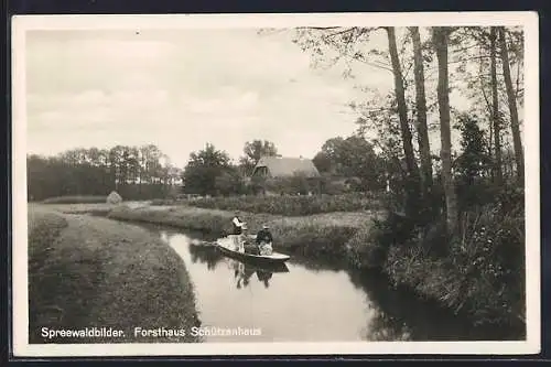 AK Alt Zauche /Spreewald, Gaststätte Forsthaus Schützenhaus mit Kahn