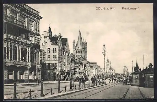 AK Cöln a. Rh., Frankenwerft, Cafe Rheinberg, Strassenpartie mit Turm