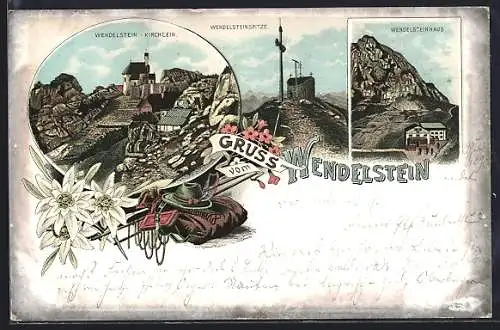 Lithographie Wendelstein, Wendelsteinhaus Berghütte mit Umgebung, Wendelsteinspitze, Wendelstein-Kirchlein
