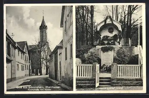 AK Schornsheim in Rheinhessen, Kirchstrasse mit Kirche, Heldendenkmal 1914-18