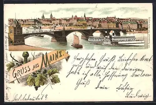 Lithographie Mainz, Stadtpanorama mit Brücke und Dampfer, Weintrauben