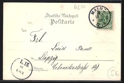 Lithographie Mainz, Stadtpanorama mit Brücke und Dampfer, Weintrauben