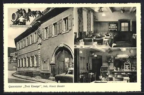 AK Dirmstein /Unterhaardt, Gaststätte Drei Könige H. Bauer mit Strasse, Innenansichten, Zweg mit Weinfass
