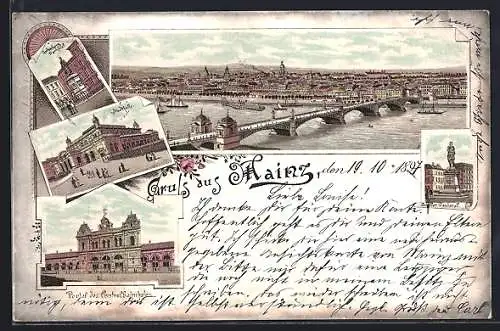 Lithographie Mainz, Stadthalle, Gutenberg- u. Schiller-Denkmal, Panorama mit Brücke