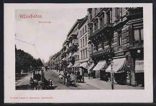 AK Wiesbaden, Rheinstrasse mit Cigarrengeschäft u. Fuhrwerken