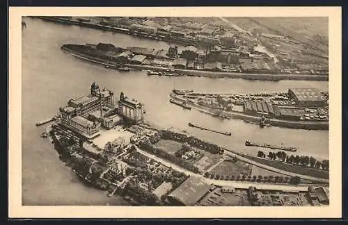AK Düsseldorf, Hafen vom Flugzeug aus, mit Weizenmühle Georg Plange