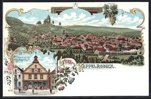 Lithographie Kappelrodeck, Ortsansicht mit Eisenbahn und Handlung von August Roth