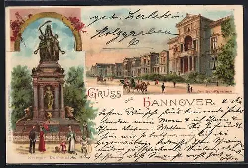Lithographie Hannover, Partie am Schiffgraben, Krieger-Denkmal