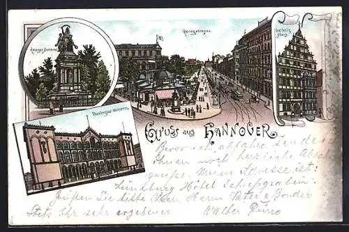 Lithographie Hannover, Georgstrasse, Provinzial-Museum, Leibnitzhaus und Kriegerdenkmal
