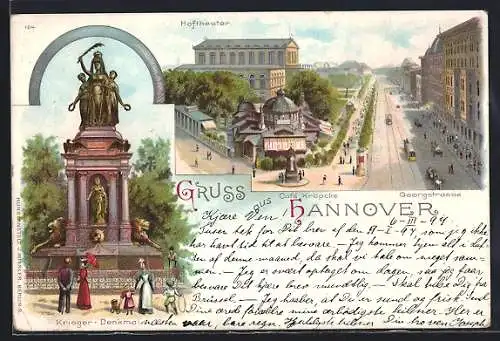Lithographie Hannover, Kriegerdenkmal, Café Kröpcke und Georgstrasse