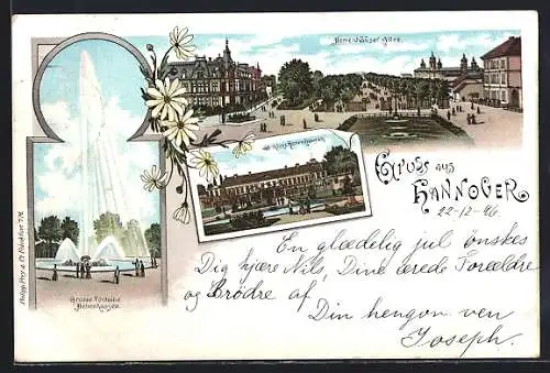 Lithographie Hannover, Herrenhäuser Allee mit Schloss Herrenhaus und grosser Fontaine