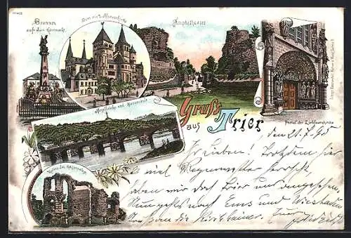 Lithographie Trier, Brunnen auf dem Kornmarkt, Dom mit Liebfrauenkirche, Amphitheater