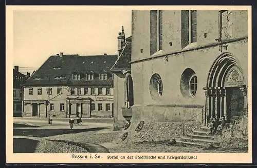 AK Nossen, Portal an der Stadtkirche und Kriegerdenkmal