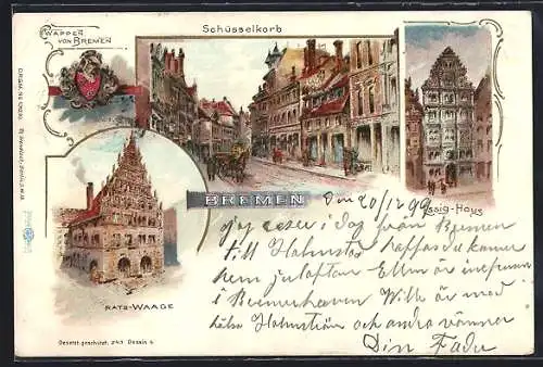 Lithographie Bremen, Rats-Waage, Schlüsselkorb, Essig-Haus, Wappen