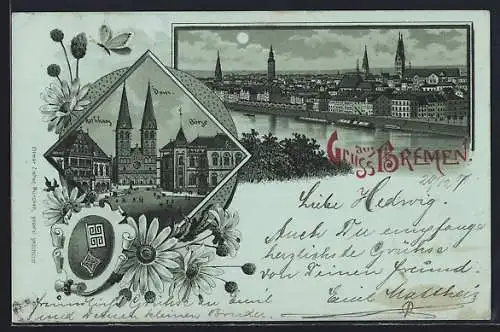 Lithographie Bremen, Rathaus, Dom, Börse und Ortsansicht