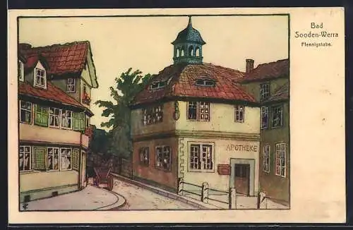Künstler-AK Bad Sooden /Werra, Pfennigstube, Ortspartie mit Strasse, Apotheke