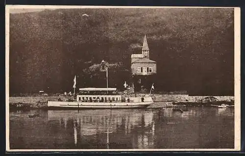 AK Kragenhof /Kassel, Restaurant zum Waldschlösschen G. Grimm, Ansicht vom Wasser mit Dampfer