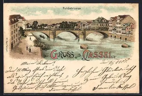 Lithographie Cassel, Ortspartie mit Fuldabrücke