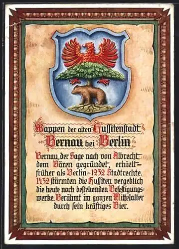 AK Bernau /Berlin, Wappen der alten Hussitenstadt mit Stadtgeschichte