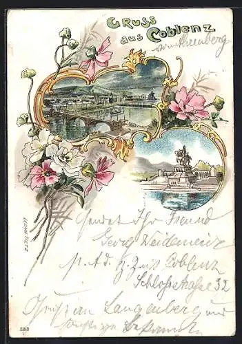 Lithographie Coblenz, Teilansicht mit Flusspartie und Denkmal