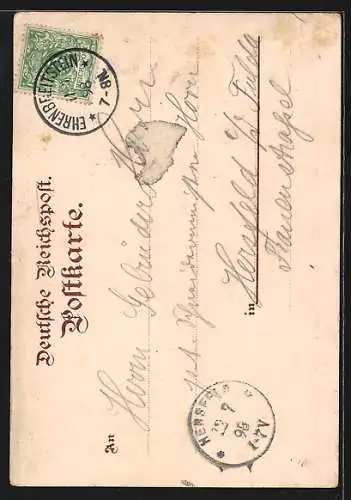Lithographie Coblenz, Teilansicht mit Flusspartie und Denkmal