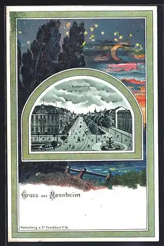 Lithographie Mannheim, Kaiserring aus der Vogelschau, Passepartout mit nächtlicher Flusspartie