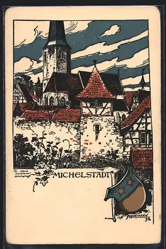 Künstler-AK Michelstadt, Teilansicht mit Kirche und Stadtmauer