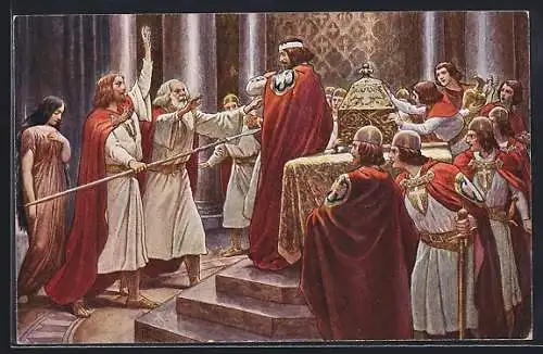 AK Parsival berührt in der Gralsburg die Wunde des siechen Amfortas mit dem heiligen Speer um ihn zu heilen