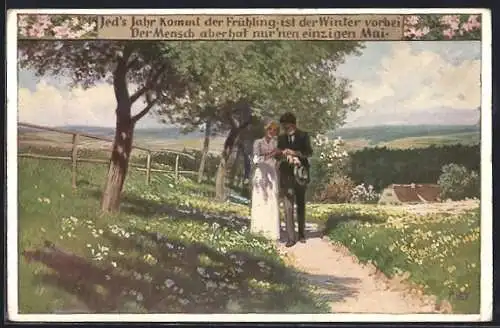 Künstler-AK Paul Hey: Volksliederkarte Nr. 89: Jed`s Jahr kommt der Frühling, Liebespaar