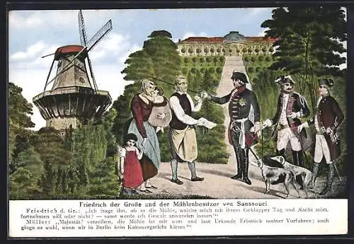 AK Sanssouci, König Friedrich II. (der Grosse) u. Mühlenbesitzer von Sanssouci, Hunde, Vers