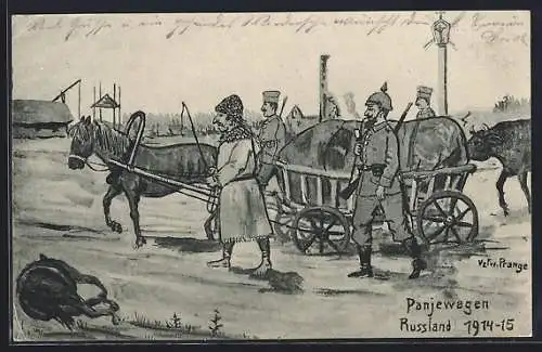Künstler-AK Soldaten und russischer Bauer, Panjewagen, östlicher Kriegsschauplatz
