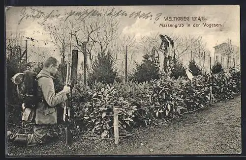 AK Vogesen, Soldat in Uniform mit Waffe an einem Massengrab des Weltkrieges 1914/15