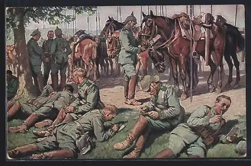 AK Feldgraue Dragoner schreiben Briefe in die Heimat