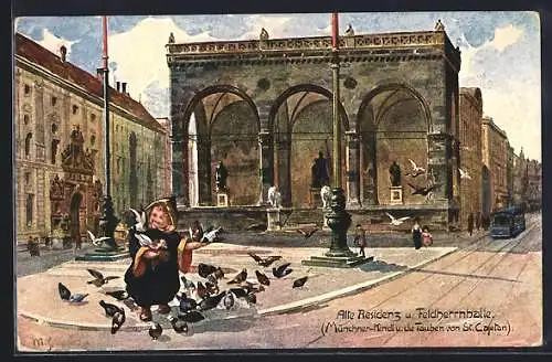 Künstler-AK Tanzendes Münchner Kindl vor der alten Residenz und Feldherrnhalle mit den Tauben von St. Cajetan