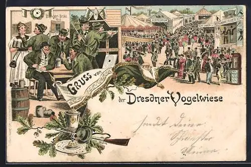 Lithographie Dresden, Dresdener Vogelwiese, Schützen, Hippodrom