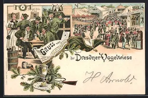 Lithographie Dresden, Dresdener Vogelwiese, Schützen, Hippodrom