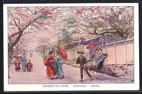 AK Yokohama, Cerisiers en Fleurs, Rikscha