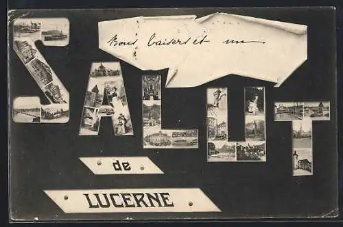 AK Lucerne, Postkartenmotive im Schriftzug Salut, Gebäudeansichten, Türme
