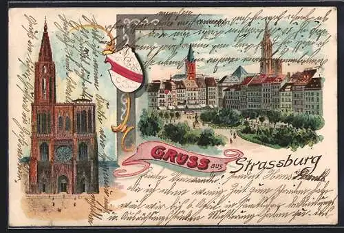 Lithographie Strassburg, Teilansicht mit Anlage, Wappen, Kirche
