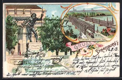 Lithographie Strassburg, Reinhardsbrunnen (Vater Rhein) auf dem Broglieplatz