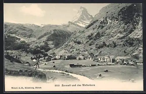AK Zermatt, Panorama des Ortes mit dem Matterhorn im Hintergrund, um 1900