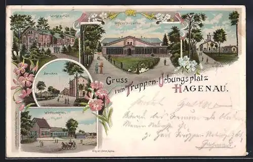 Lithographie Hagenau, Offiziers-Casino, Wache und Post, Baracken, Wirtschaften